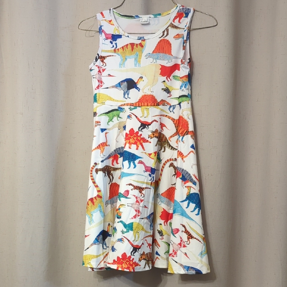 Girls' White Dinosaur Print Sleeveless Dress